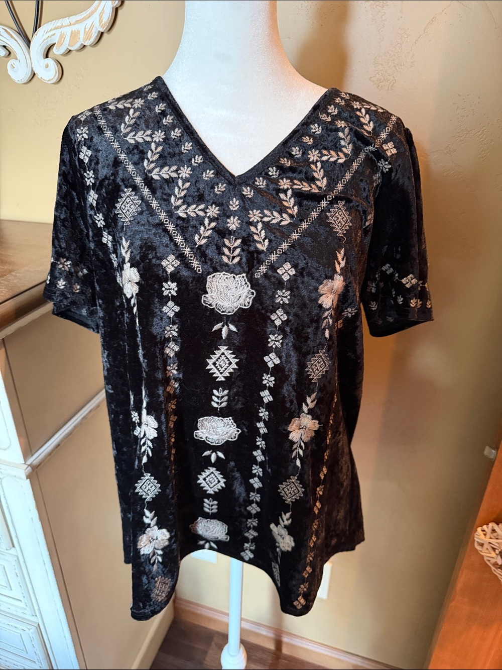 Savanna Jane Black Velvet Short Sleeve Top with Cream Floral Embroidery